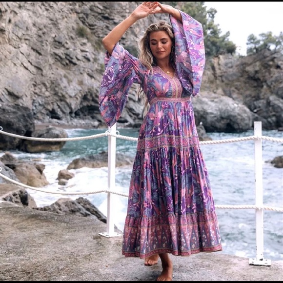 029 Boho purple Floral Print wisteria gypsy Maxi Dress - Picture 13 of 16